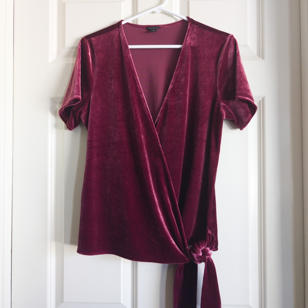 Berry or burgundy short sleeve velvet wrap top with tie